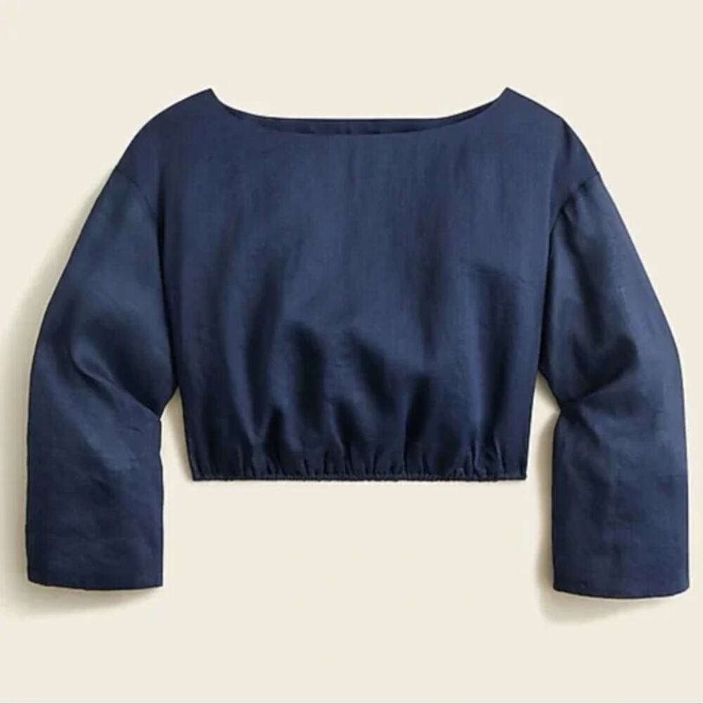 J. CREW Woven Bell Sleeve Cropped Top NWT Navy Blue Women's XS